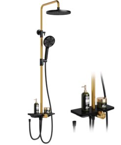 Regendusche Ohne Armatur Mit Ablage, Edelstahl Duschsäule, Schwarz-Gold Set