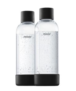 Mysoda Wasserflasche für Wassersprudler - BPA-freies Plastik, Quick-Lock-Schnellverschluss, Holzkomposit Details, 2 x 1L