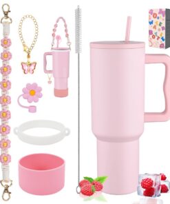 40 oz vakuumisolierte Edelstahl-Doppelwand-Wasserflasche mit Griff & Strohhalm für Reise - 6PCS Zubehör (Pink Dusk)