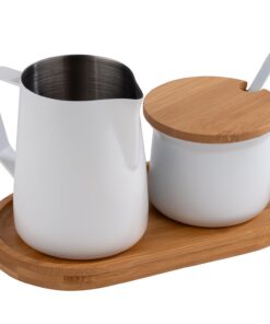 Kochgeschirr APS 631 Milch- und Zucker-Set, Edelstahl und Bambus, für Küchen, antihaft Beschichtung, 5-Tellerrset, weiß