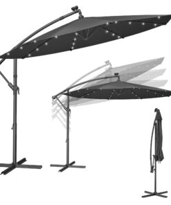 SONGMICS Sonnenschirm mit LED-Solar-Beleuchtung, UPF 50+, für Terrasse grau GPU118G01