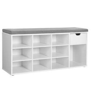 VASAGLE Weiss-Grauer Schuhbank LHS24WT, gepolsterter Sitz und Schuhregal, Flur und Schlafzimmer, 30 x 104 x 48 cm, FSC-Z