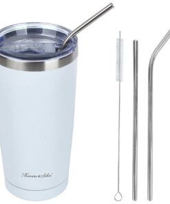 Rosenstein & Söhne Vakuumbecher: Doppelwandiger Isolierbecher, weiß, 600ml, Edelstahl (Thermobecher mit Strohhalm)