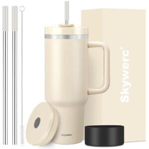 Trinkbecher mit Griff und Strohhalm, vakuumisolierte doppelwandige Edelstahl-Wasserflasche, Reise-Kaffeebecher für Damen