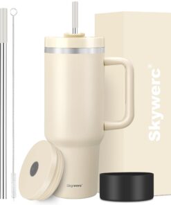 Trinkbecher mit Griff und Strohhalm, vakuumisolierte doppelwandige Edelstahl-Wasserflasche, Reise-Kaffeebecher für Damen