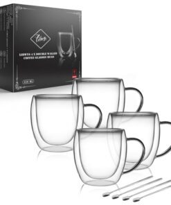 LIBWYS 4x250ml Doppelwandige Kaffeegläser mit Löffel, perfect für Cappuccino und Latte Macchiato, Thermo-Théesäcke mit G
