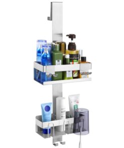 Emible Duschablage ohne Bohren Silber | Edelstahl Stabiles Badregal mit 2 Körben & 8 Haken | Perfekt für Rahmenloses Gla
