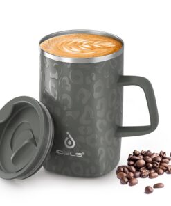 Ideaux® Kaffeebecher 470 ml (16 oz) doppelwandig vakuumisoliert Edelstahl rutschfest Griff Schiebemoduldeckel großes Vol