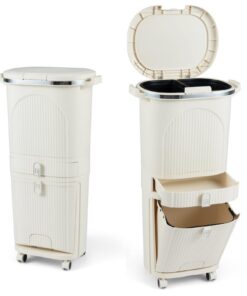 LIFEZEAL 42L Beige Tretmülleimer für Küche & Wohnzimmer: 3 Fächer & Deckel, robust & praktisch