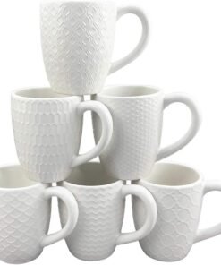 Hoikwo 380ml Kaffeetassen Set 6er Porzellan mit Reliefmuster – Weiße Moderne Becher
