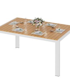 LIFERUN Wetterfest-Aluminium-Terrassentisch Groß 140x90x75 cm für Outdoor-6-Personen-Gruppe Weiß+Teak