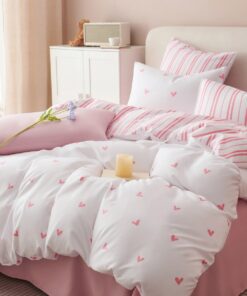 Lanqinglv Weiß Rosa Rot Herzen Kinder Bettwäsche Set - ÖKO-TEX Microfaser 135x200 - Weiche Bettbezug und Kissenbezug