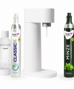 Sparpaket Mysoda Woody Wassersprudler - erneuerbares Holzkomposit, BPA-freie Plastikflasche, CO2-Zylindereinsatz (Weiß)