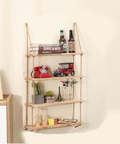 4-Lagige Regal Wand Boho Bücherregal Holz Wanddeko ohne Bohren für Badezimmer Schweberegal mit Haken