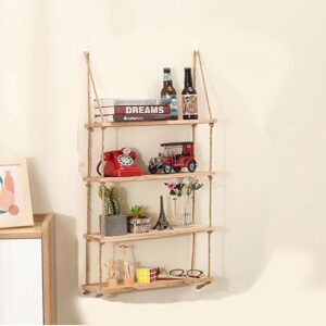4-Lagige Regal Wand Boho Bücherregal Holz Wanddeko ohne Bohren für Badezimmer Schweberegal mit Haken