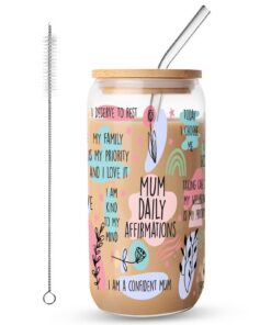 FIDWALL Mom Daily Affirmations Eiskaffeebecher, 473 ml, Glasbecher mit Deckel und Strohhalmen für heiße und kalte Geträn
