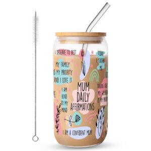 FIDWALL Mom Daily Affirmations Eiskaffeebecher, 473 ml, Glasbecher mit Deckel und Strohhalmen für heiße und kalte Geträn