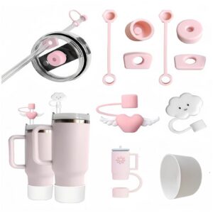 Ymoryiyi 10 Stück Stanley Cup Accessories & Zubehör Set in Rosa – 6 Sicherheitsdeckel, 3 Strawsiechlappen, 1 Silikonbode