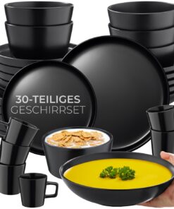 tectake® Steingut Geschirrset schwarz 30-tlg. für 6 Personen - Teller Schalen Kaffeetassen Kombiservice