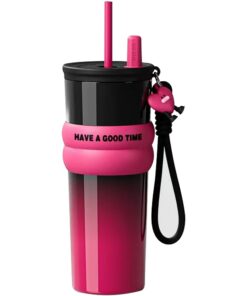 Disoza 710 ML Schwarz & Rosa Upgrade-Kappe Thermobecher mit Henkel Edelstahl Tumbler Cup und Strohhalm