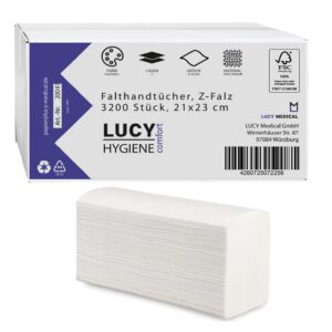 LUCY Hygiene Papierhandtücher N-Falz | 2-lagig, 23x21cm | 3200 Blatt | 100% Zellstoff, Hochweiß | saugstark, reißfest &