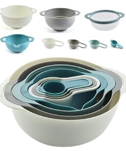 Rührschüssel 8er-Set für Küche (Blau) - Mit Rutschfestigkeit, 2 Rührschüsseln, Netzsieb, Messbecher, Sieb und Stapelbare