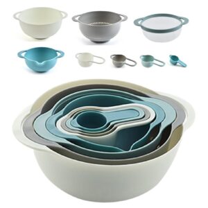Rührschüssel 8er-Set für Küche (Blau) - Mit Rutschfestigkeit, 2 Rührschüsseln, Netzsieb, Messbecher, Sieb und Stapelbare