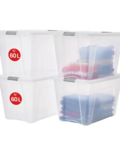 Iris Ohyama NTB-60 Aufbewahrungsboxen, 60L, Silber, BPA-freies Plastik, 4er-Set, Schlafzimmer, Büro, Organisation
