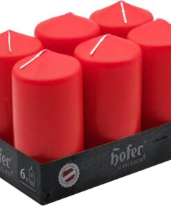 Hofer Stumpenkerzen - Mohnrot - Lange Brenndauer - 39 Stunden - Unparfümiert - Tropffreie - 6 Stück Kerzen