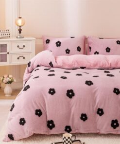 Koudi Flauschig Plüsch Bettwäsche Rosa Winter Set Warme Flanell Bettbezug Reißverschluss Kissenbezug 80x80cm