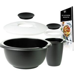 Thiru - Rühr-und Backschüssel Spritzschutzdeckel Rutschfest BPA-frei Backensemble Bosch (Schwarz, Doppelpack 3,5L, Quirl