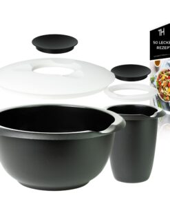 Thiru - Rühr-und Backschüssel Spritzschutzdeckel Rutschfest BPA-frei Backensemble Bosch (Schwarz, Doppelpack 3,5L, Quirl
