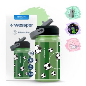 Wessper Trinkflasche Kinder 410 ml Edelstahl | 1-Klick Verschluss, BPA-Frei, Grün mit Fußballmotiv, für Kindergarten ode