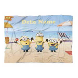 PicanoVA Minions Kuscheldecke - Personalisiert für Kinder - Weiches Fleecematerial 100x70cm - Minions Beach Day