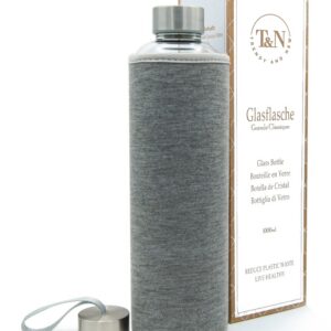 T&N Glasflasche 1 Liter – Trinkflasche Glas 1l mit Neoprenhülle – Auslaufsicher – Kohlensäurebereitschaftiges Glastrinks