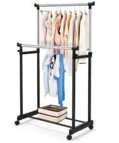COSTWAY Kleiderständer stabil für Familie im Schlafzimmer mit 2 höhenverstellbaren Stangen und Rollen, 86 x 43 x 94-168c
