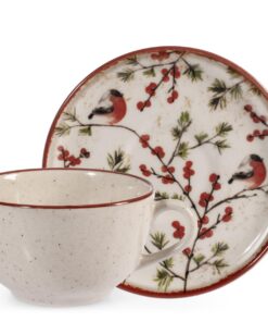 H&H Set 2 Teetassen Red Delight – Elegante Steinzeug-Tassen mit roten Beeren und Rotkehlchen, ideale Weihnachtsgeschenke