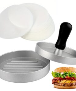 Burgerpresse mit 50 Backpapieren für gebratene Burger und backfeste Zubereitungen | Burger Pattie Presse mit 50 Backpap