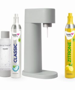 Sparpaket Mysoda Woody Wassersprudler - erneuerbares Holzkomposit, 1L BPA-freie Flasche, CO2-Zylinder Classic & Zitrone