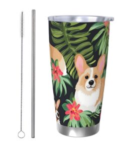 KLLTYHMU Tropische Blume und Corgi Reise-Kaffeetasse, edelstahlweise, 590 ml, doppelwandig isoliert, geschenkhaft für Da