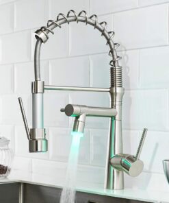 TIMACO LED Küchenarmatur mit Spiralfeder - Hochdruck & Brause ausziehbar für Küchen & Bäder - Gebürstetes Nickel