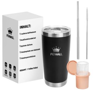 FIDWALL Isolierter Kaffeebecher 20oz, Isolierung und Auslaufsicherkeit für Traveler, mit Eisform und Strohhalme (Schatte