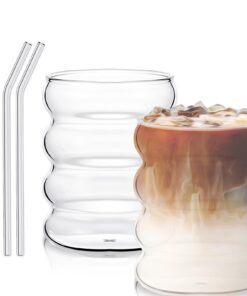 Gläser-Geriffelte Gläser-300 ml Kaffee Gläser set of 2 für Gastronomie-Wasser, Saft, Bier - Wave Glas mit Glasstrohhalme
