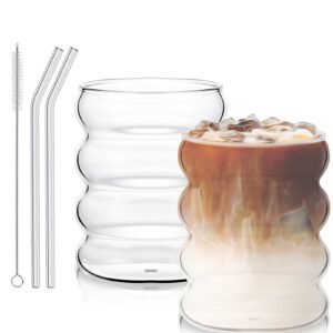 Gläser-Geriffelte Gläser-300 ml Kaffee Gläser set of 2 für Gastronomie-Wasser, Saft, Bier - Wave Glas mit Glasstrohhalme