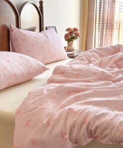 Covebett Bettwäsche Weich Microfaser Rosa Kariert Kawaii Karo Schleifenmuster für Mädchen 80x80 mit Reißverschluss Set 2