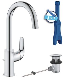 GROHE Swift Hochwasserhahn Waschtischarmatur Wassersparend 31cm Bad Einfach Installierbar 3in1 Werkzeug Chrom 24330001