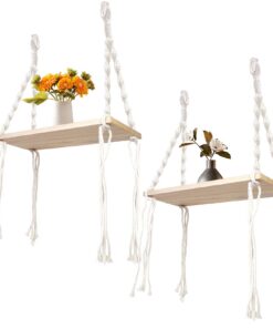 2er Makramee Wandregal Holz für Wohnzimmer, Schlafzimmer und Badezimmer mit Bohemischem Dekor ohne Bohren und Baumwollse