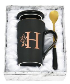 Personalisierte Blumen Kaffeetasse für Frauen Freundin - 400ml Schwarz mit Initiale H