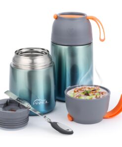 Pameil Thermobehälter für Essen 650ml+450ml - Thermo Lunchbox mit Edelstahl und Faltbaren Löffel (Grün) für Suppen, Brei