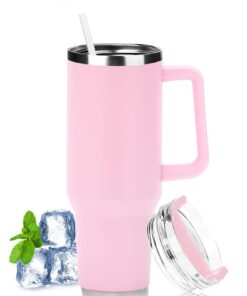 LOITTAINUE Doppelwandiger Edelstahl Vakuum Isolierbecher (Rosa) für Kalte Heiße Getränke mit Strohhalm und Henkel
